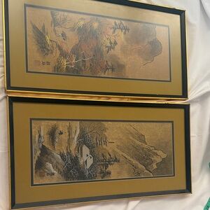 Set of 2 Framed Gold Asian Landscape Prints